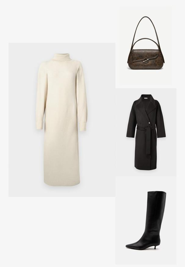 Manteau noir en tissu texturé, présentant un devant croisé, un large col et une ceinture assortie à la taille.; Robe en tricot crème avec un col montant, de longues manches bouffantes et une longueur midi. Présente une texture avec un léger motif en relief.; Botte noire en cuir jusqu'au genou avec bout pointu et petit talon kitten sur un fond clair uni.; Sac à main en cuir brun foncé texturé avec deux anses, forme rectangulaire arrondie, et fermeture à bouton circulaire argenté sur le rabat avant.
