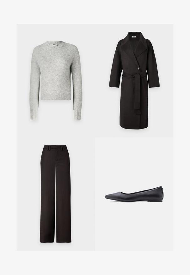 Manteau noir en tissu texturé, présentant un devant croisé, un large col et une ceinture assortie à la taille.; Pull cropped gris clair en maille douce, avec un col rond et des poignets côtelés. Aucun motif ou embellissement notable.; Pantalons noirs à jambes larges avec un devant plat, passants de ceinture et une texture lisse, conçus pour un ajustement près du corps. Aucun matériel ou motif visible.; Chaussure plate en cuir noire à bout pointu avec petit talon, vue de profil sur fond blanc.
