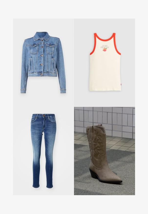 Helle blaue Jeansjacke mit Knopfverschluss vorne, zwei Brusttaschen und geraden Ärmeln; verfügt über sichtbare Nähte und einen klassischen Kragen.; Cremefarbener Tanktop mit orangefarbener Einfassung, mit dem Text "JUST PEACHY" und einer kleinen Pfirsich-Grafik unter dem Text im Brustbereich.; Engen Jeans in einem blauen Denim mit Farbverlauf, ausgestattet mit fünf Taschen, einem Knopfverschluss und sanften Verblassungen Richtung Knöchel. Klassisches Design.; Hoher Cowboy-Stiefel aus beigem Wildleder mit dekorativer Naht und Nietenakzenten, ausgestattet mit spitzer Spitze und schrägem schwarzem Absatz auf Asphalt.