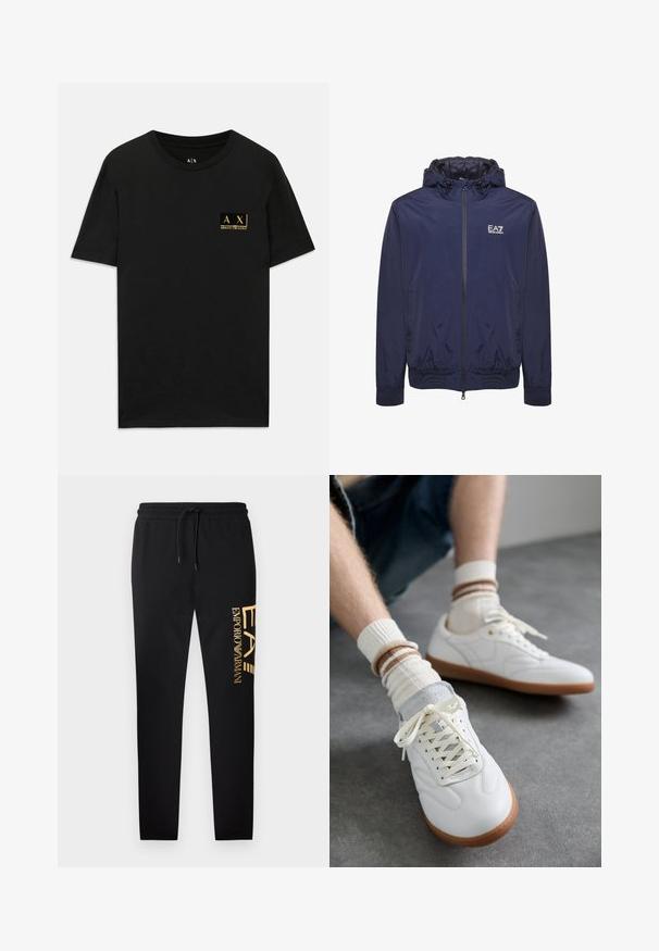La chaqueta cortavientos azul marino presenta un cierre frontal con cremallera, puños elásticos y una capucha con cordón. Logo de EA7 en el pecho, textura suave, material ligero.; Camisa de algodón negra con cuello redondo. Presenta un pequeño parche de logo dorado en el lado izquierdo del pecho con el texto "AX Armani Exchange". Corte clásico.; Pantalones de chándal negros con un ajuste cómodo, con un logotipo dorado impreso de "EA" y "EMPORIO ARMANI" en el lado izquierdo, con una cintura elástica.; Zapatillas de cuero blanco con una textura suave, detalles en gamuza gris, suelas de goma beige y cordones planos. Combinadas con calcetines a rayas en tonos crema y marrón.