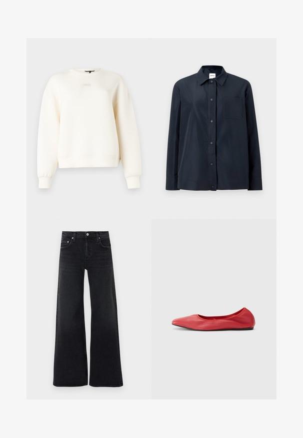 Chemise noire à manches longues avec boutons-pression sur le devant, une poche poitrine unique et un col pointu, présentée sur un fond clair uni.; Sweat-shirt couleur crème en tissu doux, avec un col rond, des épaules tombantes et des détails simples cousus sur les poignets et l'ourlet.; Jean noir taille haute à jambes larges avec bouton et fermeture éclair à l'avant, passants pour ceinture, et design classique à cinq poches.; Filippa K REY FLATS - Ballerines - bright red