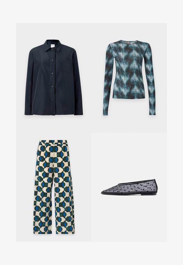 Chemise noire à manches longues avec boutons-pression sur le devant, une poche poitrine unique et un col pointu, présentée sur un fond clair uni.; Haut ajusté à manches longues avec col rond, présentant un motif abstrait de coups de pinceau en turquoise, noir et blanc.; Pantalon à jambes larges avec taille élastique, présentant un motif géométrique bleu et vert foncé sur fond beige.; Chaussure plate noire à bout pointu, en tissu transparent avec un motif à pois noirs sur un fond clair.
