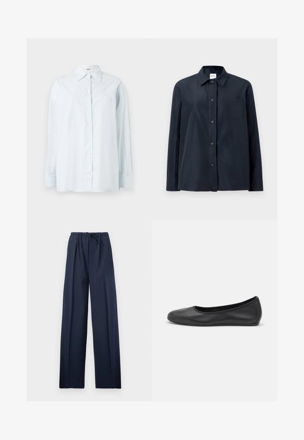 Schwarzes Langarmhemd mit druckschnappbaren Knöpfen vorne, einer einzelnen Brusttasche und spitzem Kragen, dargestellt auf hellem, einfarbigem Hintergrund.; Hellblau gestreiftes Button-up-Hemd aus glattem Stoff; mit klassischem Kragen und langen Ärmeln mit Knopfmanschetten.; Marineblaue weite Hosen mit elastischem Bund und verstellbarem Kordelzug, flach auf weißem Hintergrund präsentiert.; Schwarze Leder-Ballettschuhe mit abgerundeter Spitze, glatter Textur, minimalen Nähdetails und einem flexiblen Sohlen-Design.