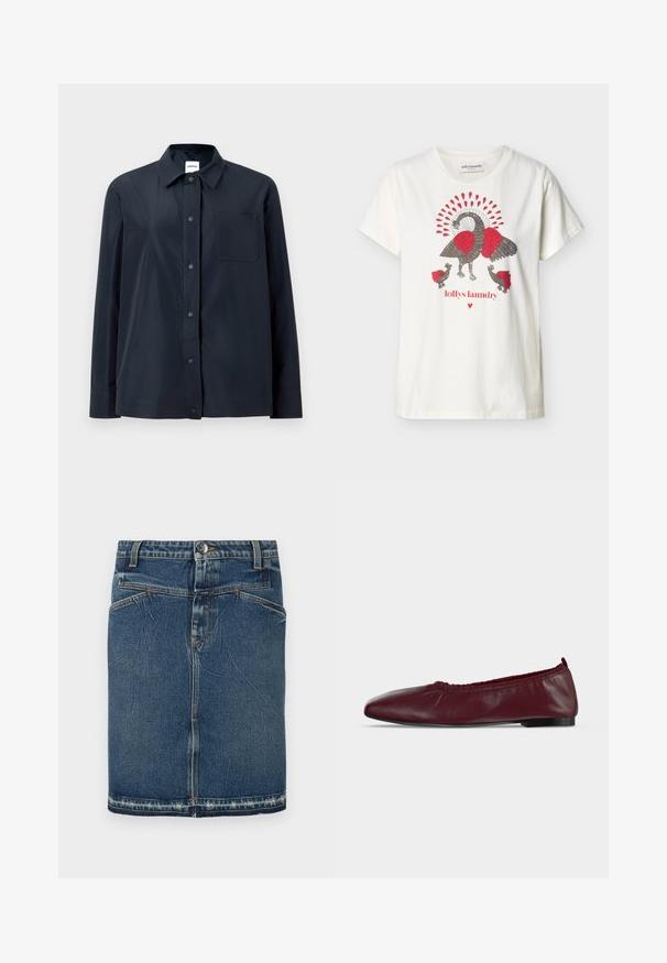 Chemise noire à manches longues avec boutons-pression sur le devant, une poche poitrine unique et un col pointu, présentée sur un fond clair uni.; T-shirt blanc à manches courtes avec un motif stylisé d'oiseau en rouge et gris et le texte « lollys laundry » accompagné d'un petit cœur rouge en dessous.; Jupe en denim avec un délavage bleu classique, un design à cinq poches et un ourlet effiloché. Se ferme avec un bouton à l'avant et une fermeture éclair.; Ballerine plate en cuir bordeaux avec bord supérieur élastique froncé et fine semelle noire sur fond blanc.
