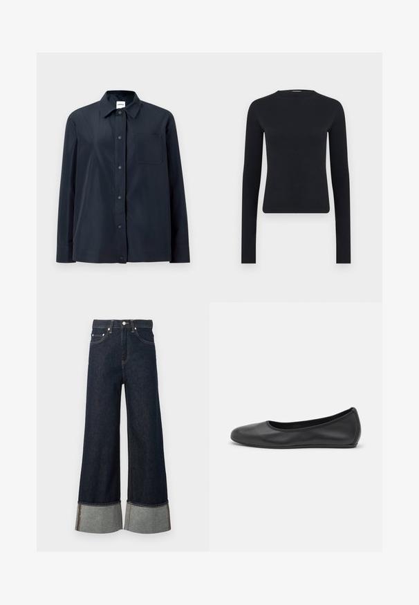 Chemise noire à manches longues avec boutons-pression sur le devant, une poche poitrine unique et un col pointu, présentée sur un fond clair uni.; Haut court noir à manches longues et coupe ajustée avec encolure ronde, fabriqué en tissu tricoté côtelé, présenté sur un fond gris clair uni.; Jean denim bleu foncé à jambes larges avec revers roulés montrant un tissu intérieur plus clair et une fermeture par bouton argenté.; Ballerines en cuir noir avec un bout rond, texture lisse, détails de couture minimalistes et design de semelle flexible.
