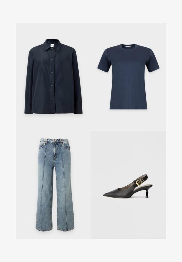Chemise noire à manches longues avec boutons-pression sur le devant, une poche poitrine unique et un col pointu, présentée sur un fond clair uni.; T-shirt bleu marine uni à manches courtes et col rond, présenté sur fond blanc.; Jean denim bleu taille haute avec jambes larges, bouton et zip à l'avant, poches latérales et coutures verticales visibles sur chaque jambe.; Chaussure à talon haut noire à bride arrière, avec un bout pointu, une texture en cuir lisse et une accent de boucle dorée sur la bride.