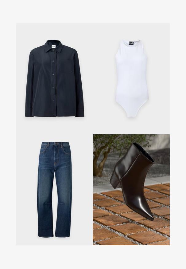 Sort langærmet skjorte med trykknapper foran, en enkelt brystlomme og en spids krave, vist på en ensartet lys baggrund.; Hvid ærmeløs badedragt med høj halsudskæring og EA7 Emporio Armani-logo på brystet og indvendig label.; Straight-leg mørkeblå denim jeans med frontlommer, bæltestropper og knaplukning.; Sort læder ankelstøvle med spids tå, blokhæl og glat tekstur, placeret over en overflade af træ og grus.