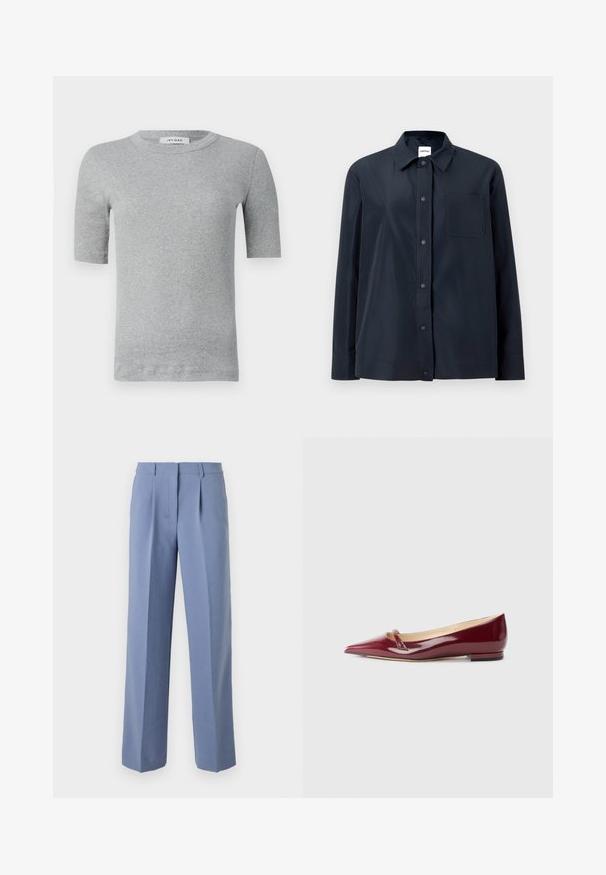 Zwart shirt met lange mouwen, voor met drukknopen, een borstzakje aan één kant en een spitse kraag, getoond op een effen lichte achtergrond.; Grijze shirt met korte mouwen, gemaakt van ribbelstof. Heeft een ronde halslijn en een getailleerd ontwerp met schone randen en minimale details.; Lichtblauwe geplooide broek met een getailleerde pasvorm, gemaakt van een gladde stof. Heeft een rechte pijp en een mid-rise tailleband.; Bordeaux patent leren ballerina's met een puntige neus, voorzien van een klein uitsnijdetail en een lage hak. Glad textuur en een slank ontwerp.