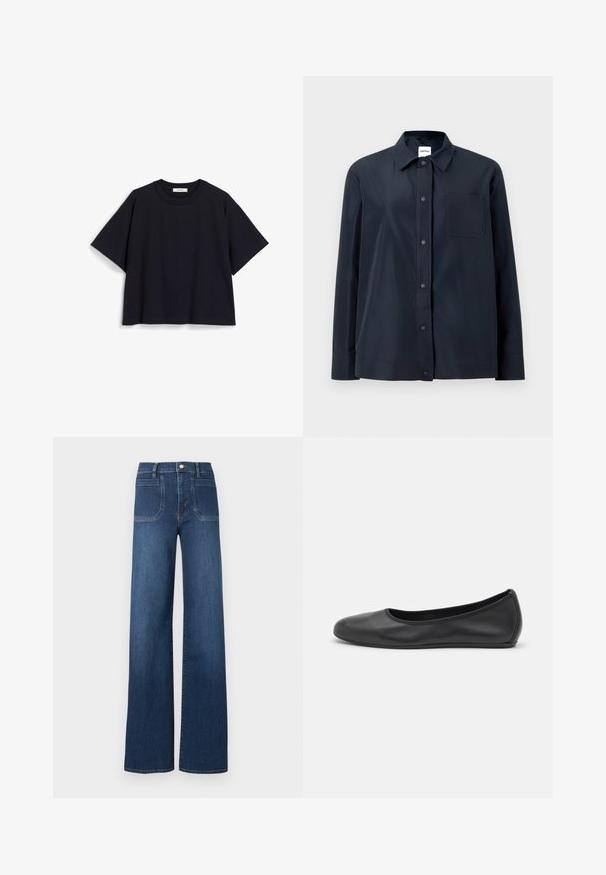 Schwarzes Langarmhemd mit druckschnappbaren Knöpfen vorne, einer einzelnen Brusttasche und spitzem Kragen, dargestellt auf hellem, einfarbigem Hintergrund.; Marineblaue Kurzarm-T-Shirt aus weicher Baumwolle, mit entspannter Passform, Rundhalsausschnitt und minimalistischem Design. Keine sichtbaren Muster oder Akzente.; Hoch taillierte Jeans mit weitem Bein in dunkelblauem Denim, mit klassischem Fünf-Taschen-Design, sichtbaren Nähten und einem Reißverschluss mit Knopfverschluss.; Schwarze Leder-Ballettschuhe mit abgerundeter Spitze, glatter Textur, minimalen Nähdetails und einem flexiblen Sohlen-Design.
