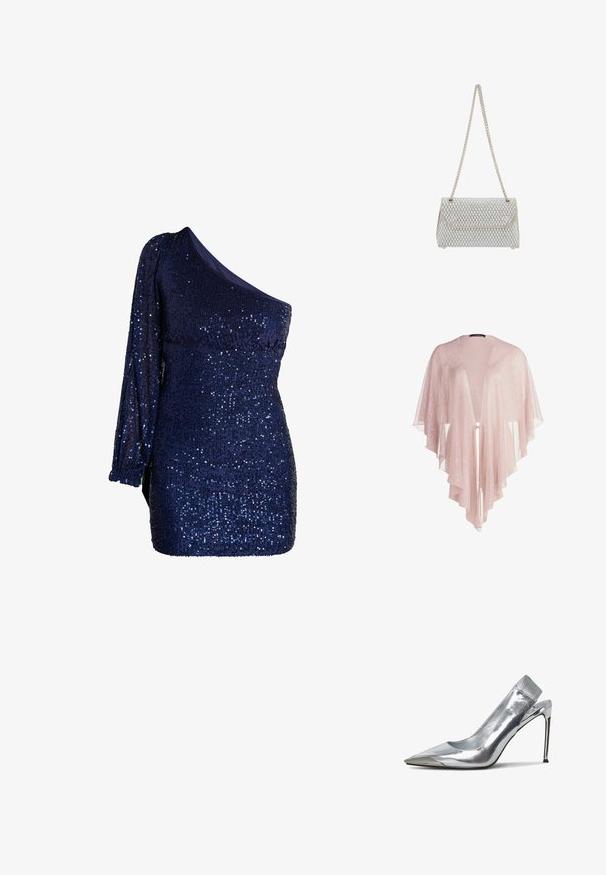 Durchscheinender, hellrosa Kimono mit fließendem Stoff, offener Vorderseite und geschichteten, gewellten Säumen. Glatte Textur mit zartem Glanz.; Marineblaues Pailletten-Minikleid mit einem langen Ärmel und asymmetrischem One-Shoulder-Ausschnitt auf weißem Hintergrund.; Silberne Slingback-Pumps mit High Heels, spitz zulaufender Zehenpartie und metallischem Finish. Verfügt über ein elegantes Design und minimalistische Akzente am Absatz.; Weiße gewebte Clutch mit einer Kettenumhänge, rechteckiger Form, glatter Textur und metallischen Hardware-Details am Klappdeckel.