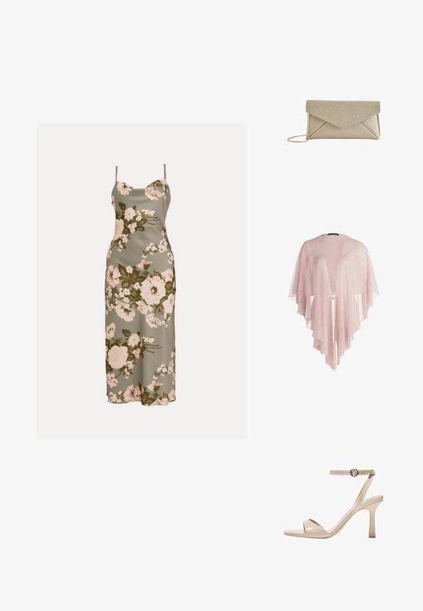 Gennemsigtig, lyserød kimono med flydende stof, åben front og lagdelte, bølgede kanter. Glat tekstur med en sart glans.; Grøn floral glidningskjole med spaghetti-stropper. Har pink og hvide blomster med grønne blade, lavet af glat stof, knæ-længde design.; Nude patentlæder højhælede sandaler med en tynd ankelrem og rund spænde, åben tå design og en slank stiletto hæl.; Beige tekstureret konvolut clutch taske med trekantet klap og tynd guld kæde rem på hvid baggrund.