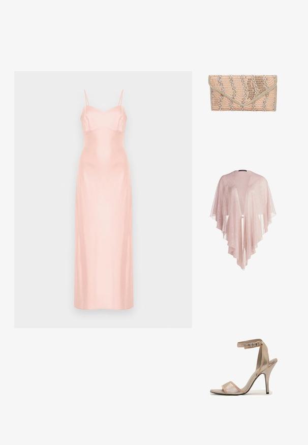 Durchscheinender, hellrosa Kimono mit fließendem Stoff, offener Vorderseite und geschichteten, gewellten Säumen. Glatte Textur mit zartem Glanz.; Langes, hellrosa Satinkleid mit dünnen Spaghettiträgern und figurbetontem Oberteil, vor einem schlichten weißen Hintergrund präsentiert.; Einzelne metallisch goldene Sandale mit hohem Absatz, Knöchelriemen und offenem Zehenbereich auf weißem Hintergrund.; Clutch-Tasche in sanftem Rosa mit Wellenmuster. Verziert mit Perlenakzenten und metallic schimmernden Details. Aus strukturierten Materialien gefertigt, mit einem sicheren Klappenverschluss.