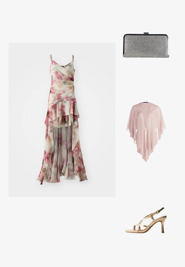 Doorzichtig, lichtroze kimono met vloeiend materiaal, open voorkant en gelaagde, geschulpte randen. Gladde textuur met een delicate glans.; Vloeiende, bloemenmaxi-jurk met zachte roze tinten op een doorzichtige stof. Heeft gelaagde ruches, een v-halslijn en gouden accenten op de bandjes.; Gouden sandalen met hoge hak en bandjes, voorzien van een enkelriempje en een middelhoge taps toelopende hak, afgebeeld op een witte achtergrond.; Rechthoekige zilveren clutchtas bedekt met kleine strass-steentjes, met een zwart-zilveren metalen frame en een sluiting met gesp.