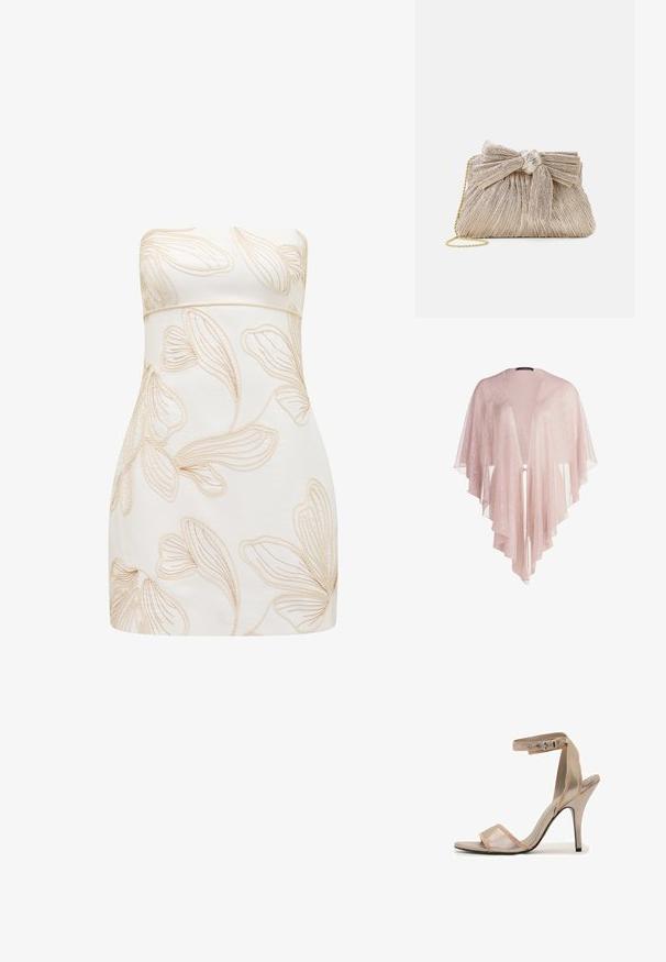 Doorzichtig, lichtroze kimono met vloeiend materiaal, open voorkant en gelaagde, geschulpte randen. Gladde textuur met een delicate glans.; Strapless jurk in crèmekleur met reliëf bloemenpatronen in lichtbeige. Getailleerd ontwerp, gladde textuur, knielange snit en geen zichtbare sluitingen.; Enkele metallic gouden hoge hak sandaal met enkelbandje en open teen op een witte achtergrond.; Metalen gouden clutch tas van geplooid stof, met een strikdetail aan de bovenkant en een gouden kettingband voor veelzijdigheid en gemakkelijk dragen.