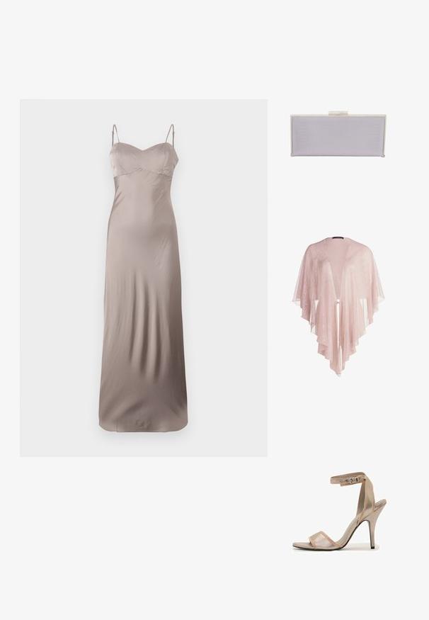 Gennemsigtig, lyserød kimono med flydende stof, åben front og lagdelte, bølgede kanter. Glat tekstur med en sart glans.; Satin slip kjole i lys taupe, med en tætsiddende bodice og tynde justerbare stropper. Gulvlængde med en glat, skinnende struktur.; Enkelt metalisk guld højhælet sandal med ankelrem og åben tå på hvid baggrund.; Rektangulær lavendel clutch lavet af tekstureret materiale med glatte kanter. Har en sølv spænde lukning på toppen.