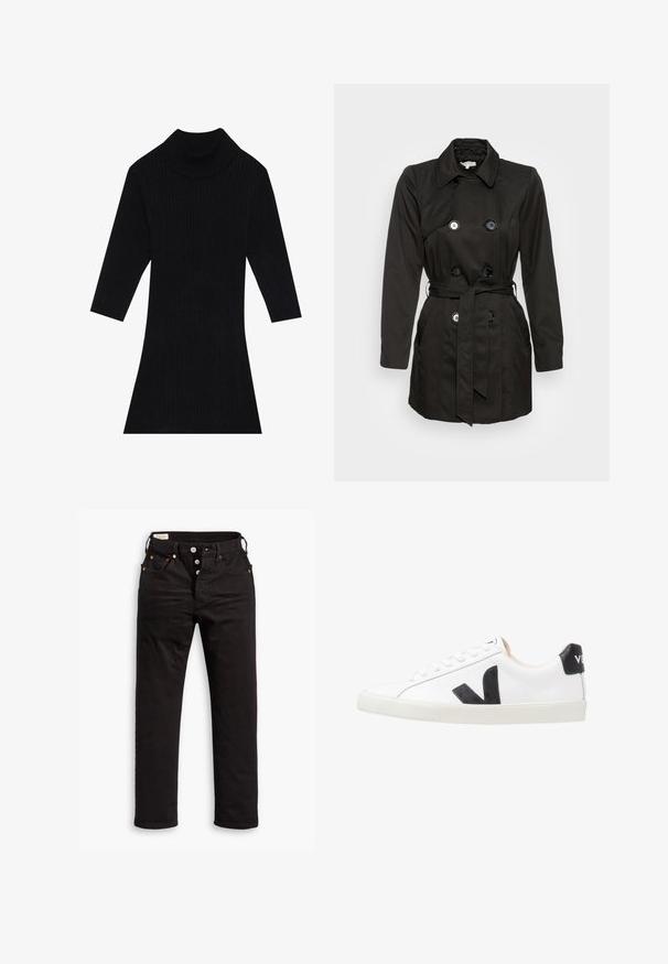 Manteau noir en trench avec un design à double boutonnage, de grands boutons, une ceinture à la taille et un col cranté. Texture de tissu lisse.; Robe en tricot côtelé noir avec un col montant et des manches trois-quarts, présentant une silhouette ajustée qui s'évase au niveau de l'ourlet.; Jean noir à jambe droite avec fermeture à boutons, poches avant et arrière, et détails en rivets cuivrés sur fond blanc.; Baskets blanches avec un logo V noir, présentant un dessus en cuir lisse, un bout rond, un système de laçage et un empiècement au talon noir contrastant.