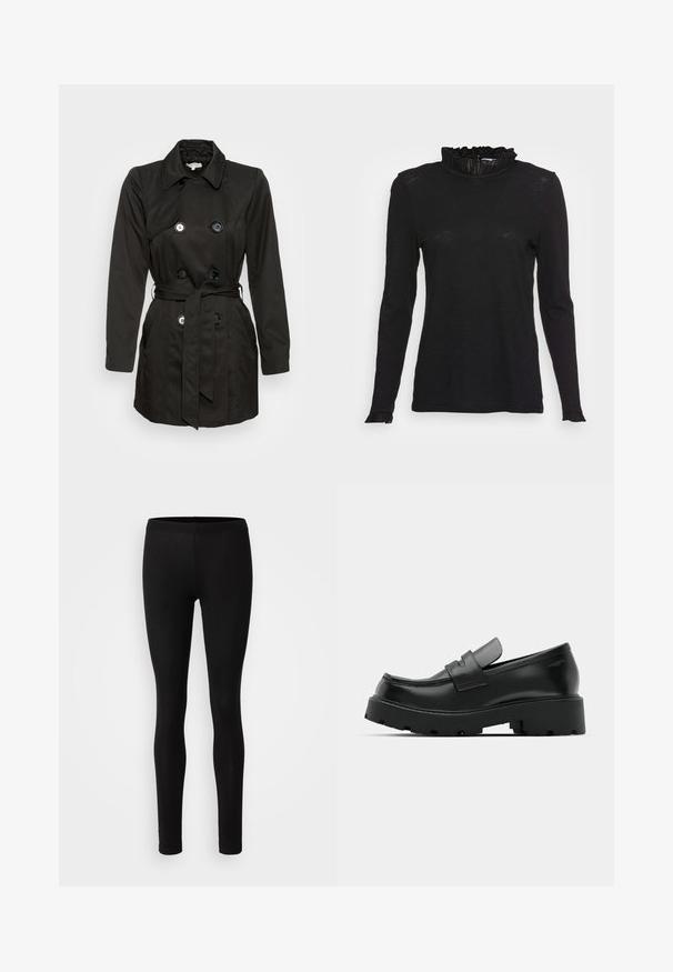 Schwarzer Trenchcoat mit einem doppelt knopfbaren Design, großen Knöpfen, einem Gürtel in der Taille und einem Reverskragen. Glatte Stofftextur.; Schwarzes Langarmshirt mit hohem Rüschenausschnitt und leicht ausgestellt Bündchen, aus einem weichen, strukturierten Stoff mit einer figurbetonten Passform.; Schwarze Leggings aus einem weichen, dehnbaren Material. Sie haben eine schlanke Passform mit einem elastischen Bund und einer glatten, matten Textur.; Schwarze Leder-Loafers mit einer chunky strukturierten Sohle, ausgestattet mit einem Riemen über dem Spann und einer glatten, polierten Oberfläche.