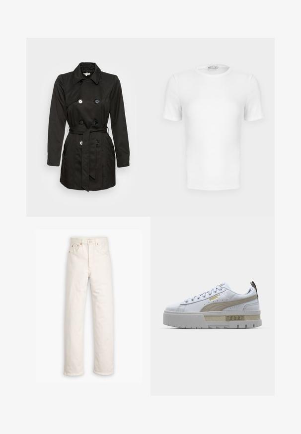 Abrigo negro de trench con diseño de doble botonadura, grandes botones, un cinturón en la cintura y cuello con muesca. Textura de tela suave.; Camiseta blanca de manga corta con cuello redondo acanalado, corte ajustado y una pequeña etiqueta de la marca en el interior del cuello.; Jeans de mezclilla blanca con un diseño de pierna recta, estilo de cinco bolsillos y detalles de hardware en color cobre. Acabado sin dobladillo en los tobillos.; Zapatilla blanca con una prominente franja beige, suela gris gruesa y detalles en dorado. Presenta cordones redondos y una lengüeta texturizada con el logo.