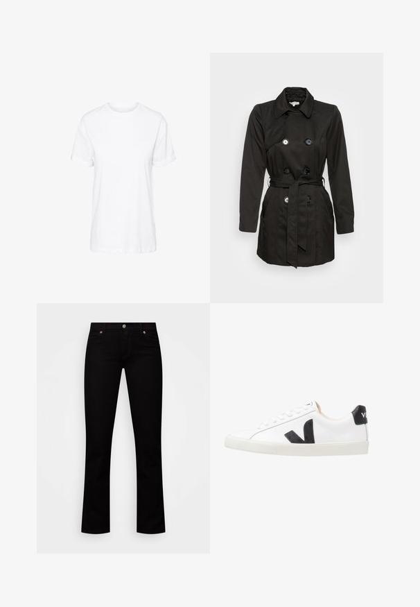 Schwarzer Trenchcoat mit einem doppelt knopfbaren Design, großen Knöpfen, einem Gürtel in der Taille und einem Reverskragen. Glatte Stofftextur.; Weißes Baumwoll-T-Shirt mit kurzen Ärmeln, Rundhalsausschnitt und legerem Schnitt, mit glatter Textur und ohne sichtbare Muster.; Schwarze Jeans aus Denim, mit schlanker Passform, fünf Taschen, Knopfverschluss und dezenten Kupferakzenten an den Nieten.; Weißer Sneaker mit einem schwarzen V-Logo, ausgestattet mit einem glatten Lederoberteil, runder Zehenpartie, Schnürverschluss und kontrastierendem schwarzen Fersenbereich.