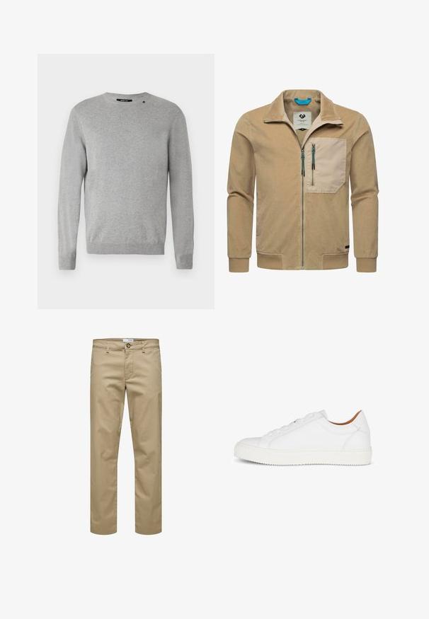 Beige kordfløjljakke med lynlås, krave-design, enkelt brystlomme og kontrasterende blå lynlåsdetaljer.; Lys grå sweater med lange ærmer, rund halsudskæring, strikket tekstur og et simpel design med et lille logo over venstre skulder.; Beige bukser med lige ben, bæltestropper, knaplukning og forlommer, vist på en hvid baggrund.; Hvide lædersneakers med en glat overflade, rund tå, snørebånd foran og struktureret gummisål. Minimalistisk design uden synlige logoer.