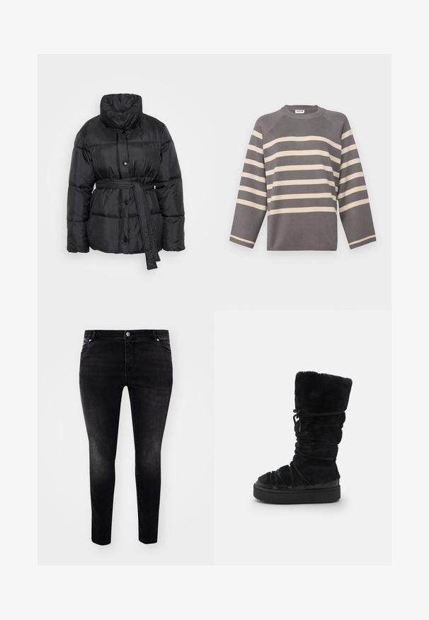 Mustat puffatakki korkealla kauluksella, nappifyysillä ja vyöllä vyötäröllä. Omistaa tilkkutakin kiiltävän pinnan.; Noisy May NMFIFI O-NECK - Neule - charcoal gray; Mustat farkut slim fit -mallilla, viisi-taskinen muotoilu, nappikiinnitys ja vähäinen haalistuminen rakenteen luomiseksi. Minimalistinen tyyli, ei näkyviä kuvioita.; Mustat karvapeitteiset polvimittaiset saappaat, joissa on teksturoitu pinta, paksu musta pohja ja kerätty yksityiskohta varressa. Säädettävät nauhat.