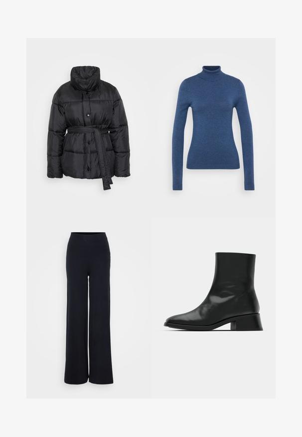Sort pufferjakke med høj krave, knaplukninger og en bundet bælte i taljen. Har en kviltet, blank overflade.; Blå turtleneck sweater lavet af blødt strikmateriale. Tætsiddende design med lange ærmer og ribbede manchetter og nederste kant. Ensartet tekstur.; Sorte ribbede bukser med bred benvidde, struktureret finish og elastisk talje, som har en afslappet pasform og ingen synlig hardware.; Sort ankelstøvle lavet af blank læder, med et strømlinet design, spids tå og en moderat blokhælhøjde for stabilitet.