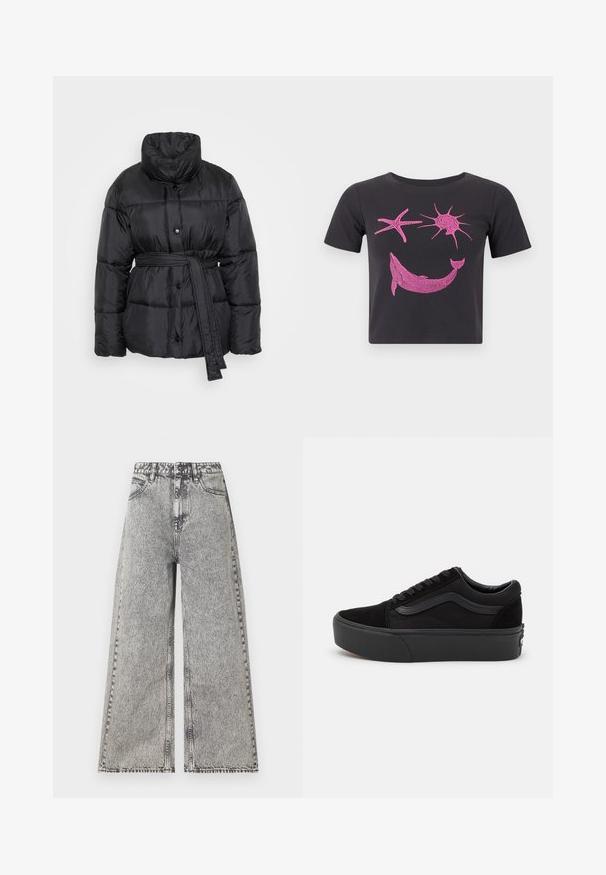 Zwarte pufferjack met een hoge kraag, knoopsluiting en een strikceintuur in de taille. Heeft een doorstikte, glanzende afwerking.; Zwart kort mouw crop top met roze afbeelding van een dolfijn, zeester en zon aan de voorkant tegen een effen achtergrond.; Wijdlopende jeans in vervaagd zwart denim, met een hoge taille, klassiek vijf-pocket ontwerp en zichtbare stikdetails.; Zwarte sneaker gemaakt van suede en canvas, met een ronde neus, vlakke vetersluiting en een dikke rubberen zool met subtiele branding.