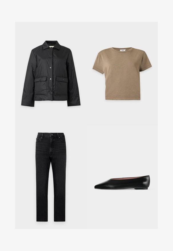 Veste noire à boutons avec deux poches avant à rabats et un col pointu, présentée sur un fond gris clair uni.; T-shirt court marron uni à manches courtes avec col rond sur fond gris clair.; Jean en denim noir avec une coupe droite, taille haute et un design classique à cinq poches. Comprend des passants de ceinture et une fermeture à glissière.; Chaussure plate en cuir noir pour femme, avec bout pointu et petit talon, vue de côté sur un fond gris clair uni.