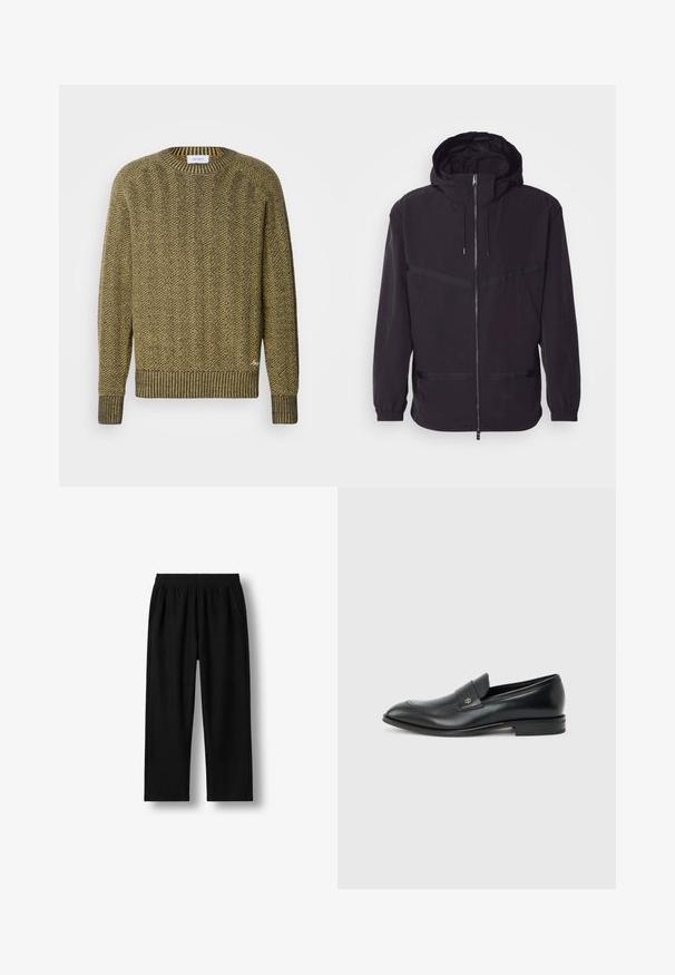 Schwarze Kapuzenjacke aus leichtem Material, mit einem Vorderreißverschluss, elastischen Bündchen und horizontalen Streifenakzenten.; Grüner und gelber Fischgrät-Strickpullover mit geripptem Rundhals- und Bündchen, der ein strukturiertes gewebtes Muster hat.; Schwarze Hose mit geradem Bein, elastischem Bund und Seitentaschen, flach auf weißem Hintergrund dargestellt.; Schwarzer Herren-Ledermokassin mit niedrigem Absatz, abgerundeter Zehe und kleinem metallischem Logo auf dem Riemen, seitlich auf schlichtem Hintergrund dargestellt.