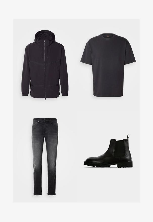 Schwarze Kapuzenjacke aus leichtem Material, mit einem Vorderreißverschluss, elastischen Bündchen und horizontalen Streifenakzenten.; Schwarzes T-Shirt mit kurzen Ärmeln aus Baumwolle, mit rundem Halsausschnitt und dezentem Branding am Kragen. Weiche Textur mit lässiger Passform.; Schwarze Jeans aus Denim mit geradem Bein. Verfügt über einen Knopf- und Reißverschluss, fünf Taschen und dezente Ausbleichungen im Stoff.; Schwarzer Chelsea-Boot aus Leder bis zum Knöchel mit dicker Profilsohle, elastischen Seiteneinsätzen und Zuglasche auf einfarbigem Hintergrund.