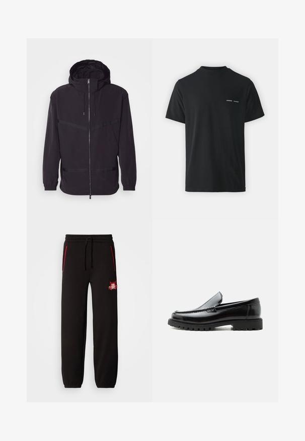 Sort hættetrøje lavet af let materiale, med lynlås foran, elastiske manchetter og horisontale striber.; Sort bomulds t-shirt med klassisk rund hals, korte ærmer og to små hvide "SAMSØE" logoer på venstre bryst.; Sorte sweatpants med elastisk talje, røde accent lynlåse og et fremtrædende broderet logo på venstre lår. Glat tekstur, tætsiddende fit.; Sort læderloafer med chunky gummisål, syet overdel og præget mærkenavn på hælen, vist i sideprofil på hvid baggrund.