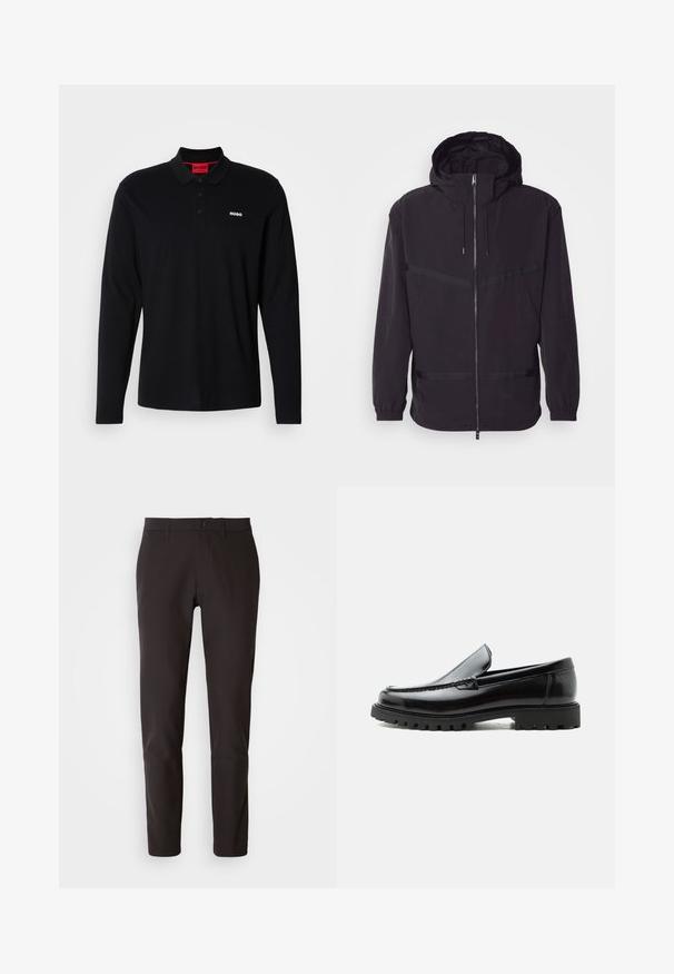 Schwarze Kapuzenjacke aus leichtem Material, mit einem Vorderreißverschluss, elastischen Bündchen und horizontalen Streifenakzenten.; Schwarzes Longsleeve-Polohemd aus Baumwolle mit rotem Kragen und Drei-Knopf-Leiste, ausgestattet mit einem weißen "HUGO"-Logo auf der Brust.; Schwarze Hose aus glattem Stoff, mit geradem Schnitt, standardmäßigem Bund mit Knopfverschluss und ohne sichtbare Taschen oder Muster.; Schwarzer Lederloafer mit grober Gummisohle, genähter Oberseite und geprägtem Markennamen an der Ferse, seitlich auf weißem Hintergrund gezeigt.