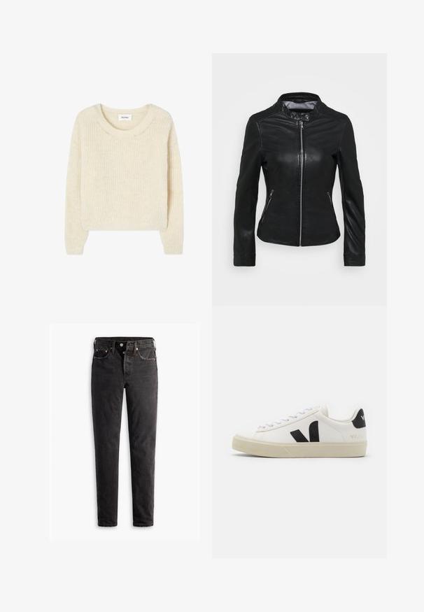 Oakwood LINA - Leren jas - black; Gebreide trui in roomkleur met een ronde hals en geribbelde structuur, voorzien van lange mouwen en een losse pasvorm. Geen zichtbare hardware of patronen.; Zwarte denim jeans met een rechte pijp, voorzien van vijf zakken, koperen hardware en een licht vervaagde textuur.; Witte leren sneaker met zwart rubberen V-logo. Getextureerde off-white zool, witte veters en een achterkant met een detail van de merknaam in het zwart.
