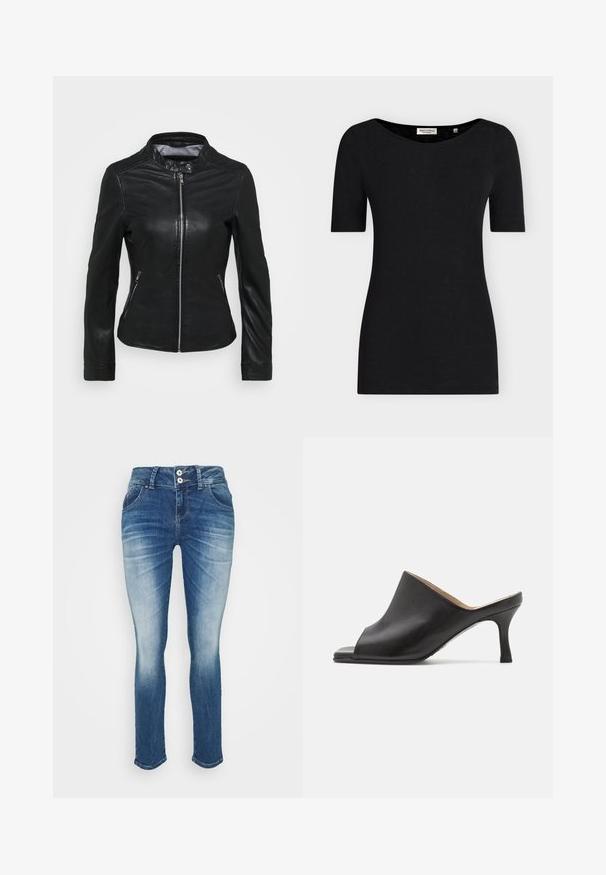 Oakwood LINA - Veste en cuir - black; T-shirt noir ajusté à manches courtes avec un large col rond, fabriqué par Marc O'Polo, taille small.; LTB Jean slim - lilliane wash; Selected ASHLEY - Mules à talons - black
