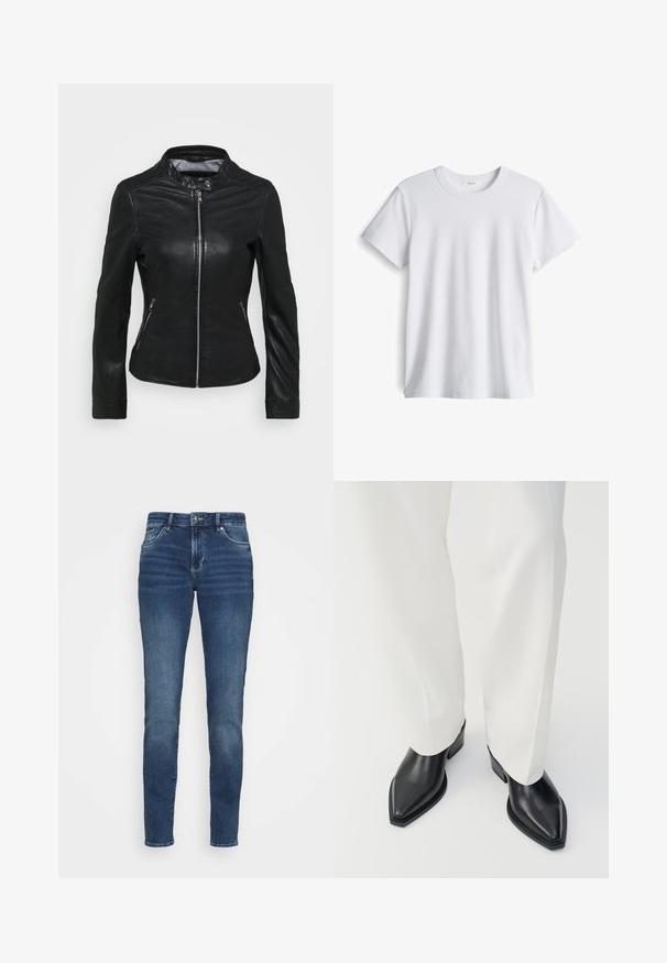 Oakwood LINA - Lederjacke - black; Weißes Baumwoll-T-Shirt mit rundem Ausschnitt und kurzen Ärmeln. Weicher Stoff, gerader Schnitt, keine sichtbaren Logos oder Muster.; Dunkelblaue Denim-Jeans mit einer taillierten Passform, fünf Taschen, leichten Verwaschungen an der Vorderseite und Metallbeschlägen am Bund und an den Taschen.; Schwarze spitz zulaufende Stiefeletten aus glattem Leder mit flachen Blockabsätzen, kombiniert mit weißen, weiten Hosen. Schlichtes und modernes Design.