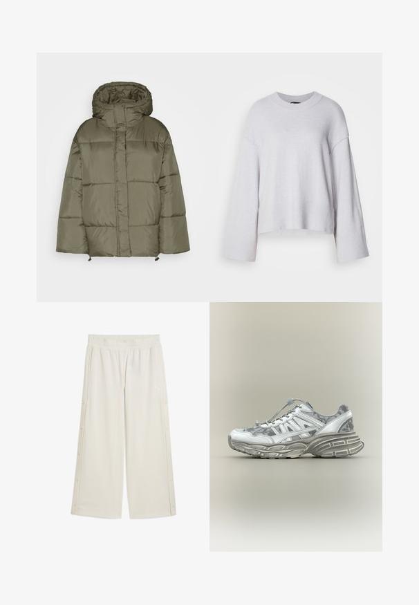 Monki Talvitakki - khaki green; Vaaleanharmaa neulepaita, joka on valmistettu pehmeästä neuloksesta. Paidassa on pyöreä pääntie, leveät hihat ja lyhyt helma. Yksinkertainen muotoilu ilman kuvioita.; Beige leveled pants with an elastic waistband, side snap closures, and a small logo in front. Made from a smooth and lightweight material.; Valkoinen ja harmaa urheilujalkine kukkakuvioilla, paksulla teksturoidulla pohjalla ja joustavalla nyörin sulkuläpällä neutraalilla taustalla.