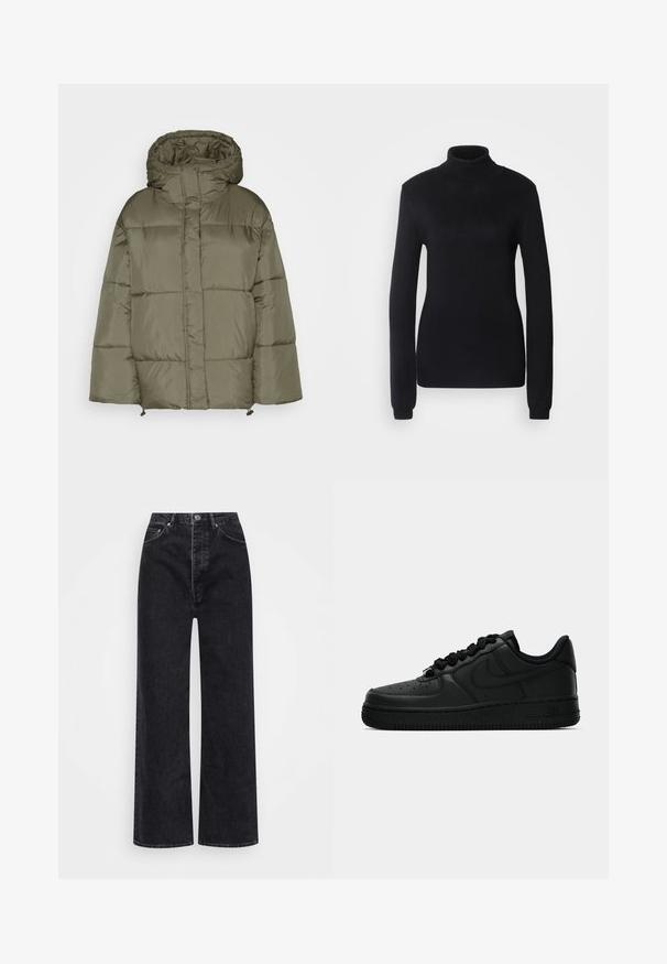 Monki Abrigo de invierno - khaki green; Suéter de cuello alto negro hecho de una suave tela de punto, con mangas largas y un corte ajustado, con un cuello y dobladillo de canalé.; Jeans de pierna ancha negros hechos de denim, con una cintura alta, diseño de cinco bolsillos y cierre de cremallera con botón.; Zapatilla negra Nike Air Force 1 con parte superior de cuero, puntera redonda, cierre con cordones y suela texturizada, que presenta un logo sutil en el costado.