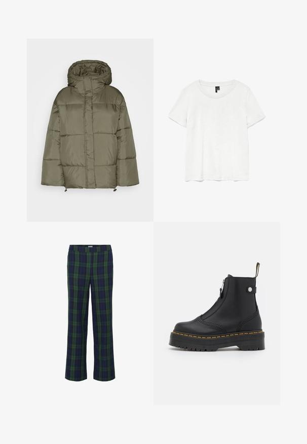Monki Zimný kabát - khaki green; Biela tričko s krátkym rukávom a okrúhlym výstrihom, vyrobené z ľahkého materiálu. Jednoduchý dizajn, hladká textúra a rovný lem.; Zeleno-námornícke kárované nohavice s rovnou nohou a elastickým pásom. Tkanina má jemnú textúru a obsahuje klasický kockovaný vzor.; Čierne členkové topánky vyrobené z hladkej kože, so bočným zipsom, žltým prešívaním a hrubou, ryhovanou gumovou podrážkou.