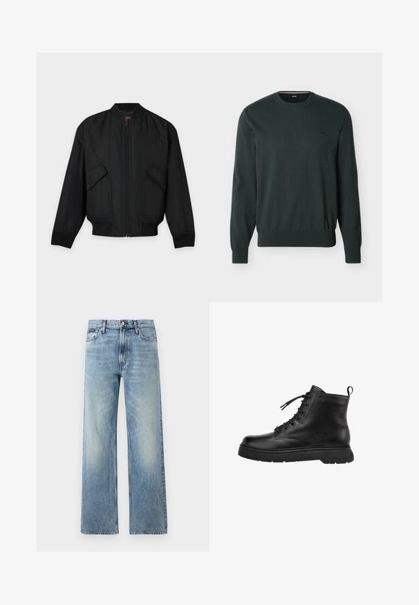 Veste bomber noire avec fermeture éclair sur le devant, poches à rabat avec boutons-pression, poignets et ceinture côtelés, posée à plat sur un fond clair.; Pull vert foncé à manches longues avec col rond, poignets et ourlet côtelés, petit logo "BOSS" noir brodé sur la poitrine gauche.; Jean droit en denim bleu clair avec taille haute, cinq poches, fermeture à boutons et léger délavage sur les cuisses et les genoux.; Botte cheville en cuir noir avec une finition lisse, bout rond et laçage à l'avant. Elle dispose d'une semelle en caoutchouc épaisse et d'un passant à l'arrière.