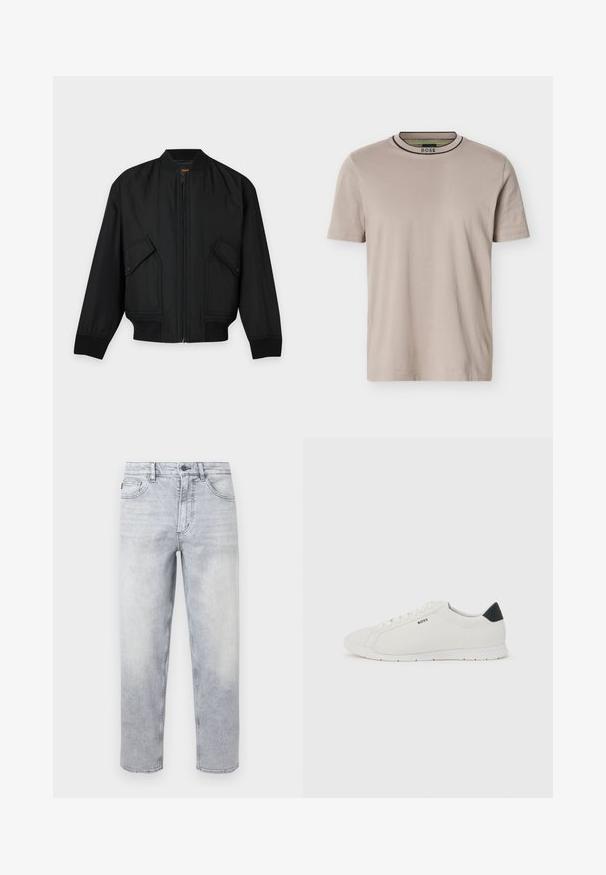 Veste bomber noire avec fermeture éclair sur le devant, poches à rabat avec boutons-pression, poignets et ceinture côtelés, posée à plat sur un fond clair.; T-shirt beige à manches courtes et col rond côtelé, avec des rayures noires et vertes sur le col et le logo "BOSS" à l'intérieur du col.; Jean en denim gris clair délavé pierre avec fermeture par bouton et fermeture éclair, poches avant et arrière, coupe droite.; Baskets blanches basses avec languette de talon noire, lacets blancs et logo "BOSS" sur le côté, présentées sur un fond clair uni.