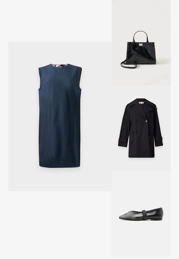 Sort dobbeltradet trenchcoat med bred krave, knapper og sidetaske. Lavet af et glat stof med lige snit og manchetter.; Marineblå ærmeløs kjole i et glat stof, med rund halsudskæring, let a-line form og skjulte sidelommer.; Sort læder flad sko med en rynket rem over toppen og en let spids tå, vist mod en ensfarvet baggrund.; Sort håndtaske i laklæder med afrundede håndtag, aftagelig skulderrem og sølvspænde på ensartet hvid baggrund.