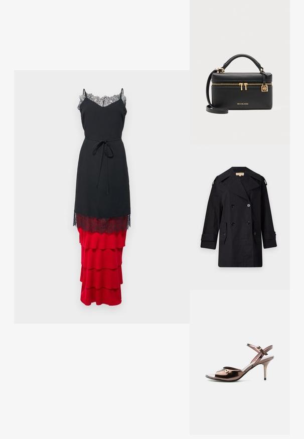 Must musta kahekordne trench coat laia kraega, nuppude ja küljetaskutega. Valmistatud siledast kangast, sirge lõike ja mansettidega varrukatega.; Mustmust mustriba pitsidega ja kihilise punase klanitud seeliku. Omab õhukesi rihmu ja sidumisdetaili taljes.; Pronksmetallist avatud varbaga kõrgete kontsadega sandaal pahlaka rihma ja külje peal oleva väikese kuldse südamekujulise kaunistusega.; Must Michael Kors ristkülikukujuline käekott pealse käepideme, kuldse tõmbluku ja logoga ning eemaldatava õlarihmaga hallil taustal.