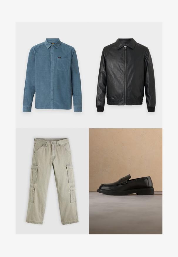 Zwarte leren bomberjack met een kraag, een ritssluiting aan de voorkant en ribgebreide manchetten. Heeft zijzakken en een gladde, gestructureerde afwerking.; Langarmshirt van blauwe corduroy, met een button-down kraag, een frontzak en subtiele branding op de zak.; Lichtgrijze cargobroek van katoen. Voorzien van meerdere zijzakken, rechte pijpen en contrasterende stiksels. Voorzien van ritssluiting en knoopsluiting aan de voorkant.; Zwarte leren loafer die boven een beige geweven kleed zweeft, met een houten ronde tafel en een bank op de achtergrond.