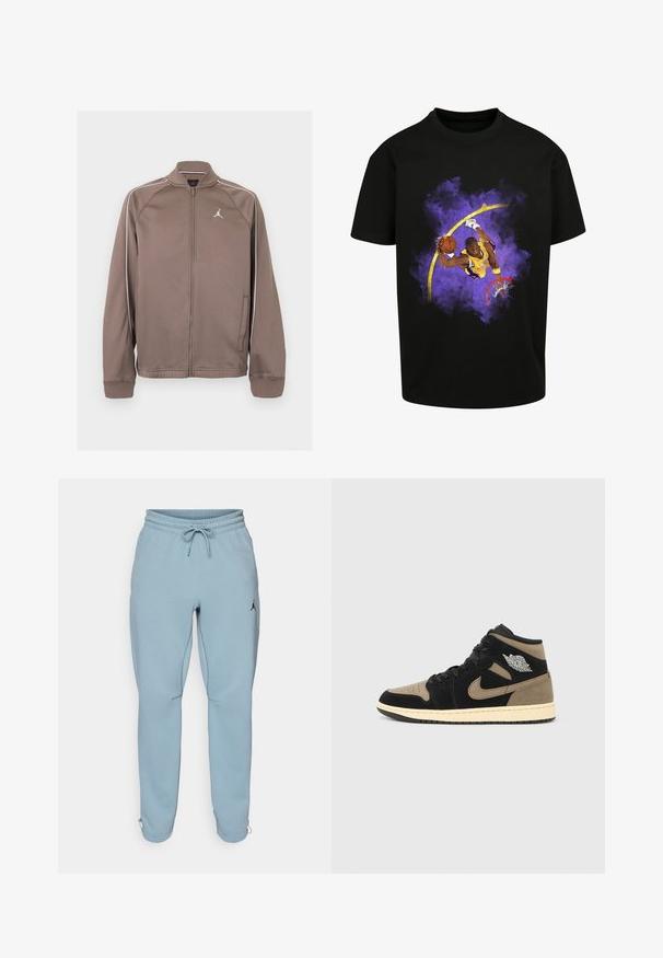 Ruskea vetoketjutakki, jossa valkoiset pipot hihansuissa ja pieni valkoinen Jumpman-logo vasemmassa rinnassa, jossa joustinneulotut hihansuut ja kaulus.; Mustakankaan t-paita, jossa on graafinen kuva koripalloilijasta keltaisessa pelipaidassa, taustalla on purppura abstrakti kuvio ja punaiset koripallorenkaat.; Vaatekankaita pehmeistä materiaaleista valmistetut vaaleansiniset verkkarit, joissa on joustava vyötärönauha ja kiristysnauha, sivutaskut sekä pieni musta logo reiden kohdalla.; Nilkkapituiset tennarit, joissa mustaa ja luonnonsävyistä mokkaa, rei'itetty varvasosa, beige välipohja, mustat nauhat ja hopeanvärinen logo sivussa.