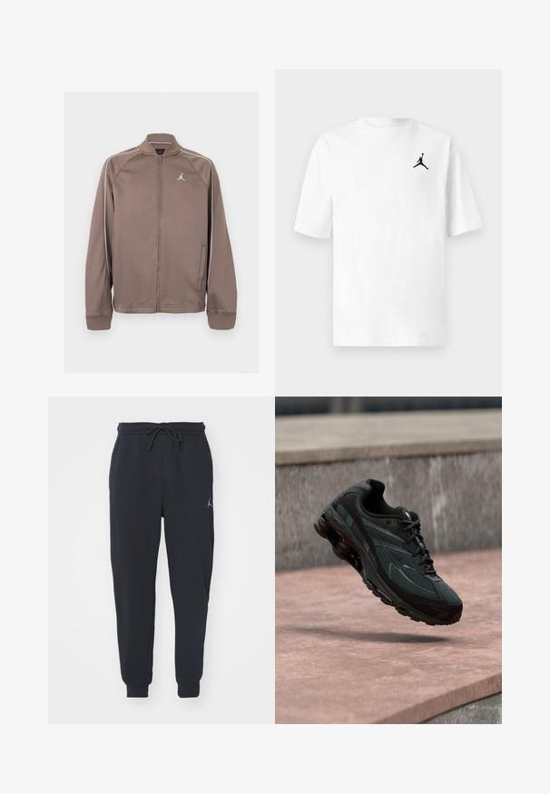 Ruda sportinė striukė su užtrauktuku, baltais apvadais ant rankovių ir mažu baltu Jumpman logotipu kairėje krūtinės pusėje, su ribotu rankogaliu ir apykakle.; Baltas medvilninis marškinėlis su apvalia iškirpte ir trumpomis rankovėmis. Kairėje krūtinės pusėje matomas mažas juodas „Jordan“ logotipas.; Juodi sportiniai džinsai, pagaminti iš minkštos medžiagos, su elastingu juosmeniu ir raišteliu, su įsiūtomis rankovėmis ir mažu logotipu kairiajame šlaunyje.; Juodi sportiniai bateliai su matoma oro pagalvėlės tarpine, plūduriuojantys virš rožinės akmeninės paviršiaus, fone pilkas akmeninis sienas.