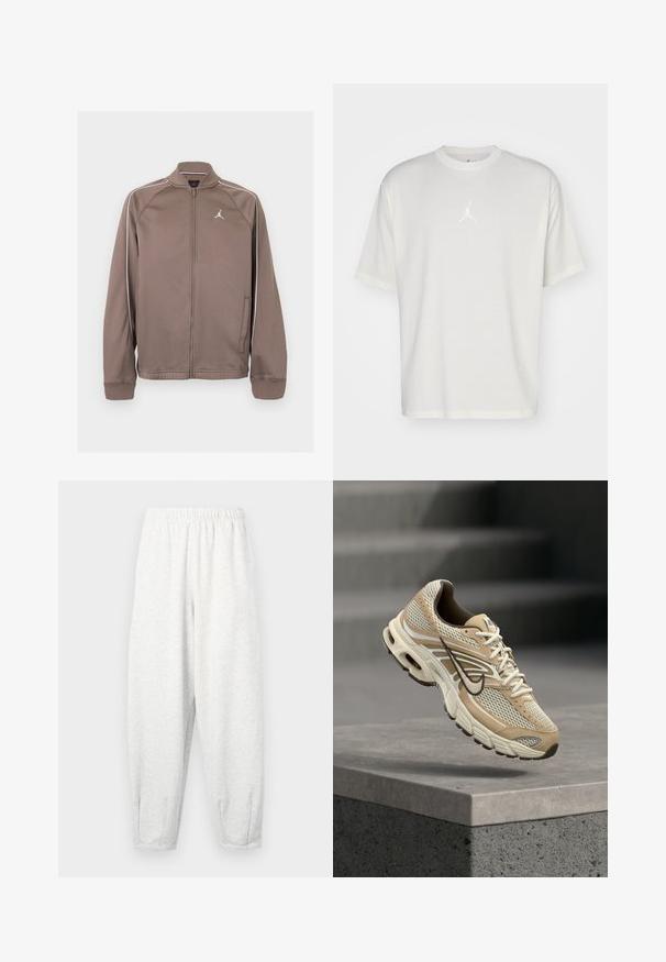 Bruine sportjas met rits, witte bies op de mouwen en klein wit Jumpman-logo op de linkerborst, met geribde boorden en kraag.; Witte katoenen t-shirt met een ronde halslijn, korte mouwen en een klein geborduurd logo in het midden. Losse pasvorm met minimale stiksels.; Lichtgrijze sweatpants gemaakt van zachte stof, met een elastische tailleband, taps tolopende benen en enkelmanchetten. Eenvoudig ontwerp zonder patronen.; Beige en witte Nike hardloopschoen met mesh panelen en zwarte Swoosh, zwevend boven een betonnen richel met wazige trappen op de achtergrond.