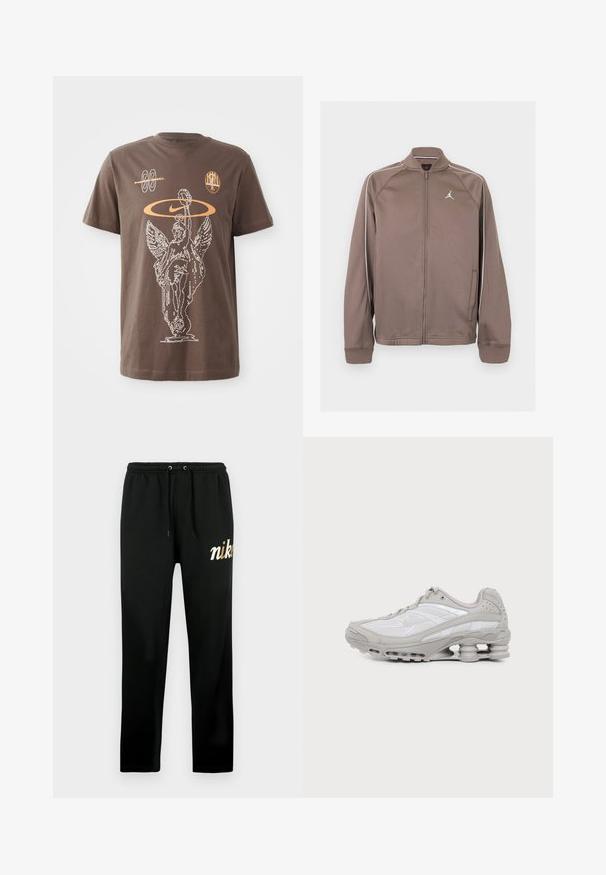 Bruine sportjas met rits, witte bies op de mouwen en klein wit Jumpman-logo op de linkerborst, met geribde boorden en kraag.; Bruine katoenen T-shirt met een witte omtrekafbeelding van een gevleugeld standbeeld, het Nike-logo en abstracte vormen in oranje, met korte mouwen en een ronde hals.; Zwarte sweatpants van zachte stof, voorzien van een elastische tailleband met trekkoorden, taps toelopende pijpen en een goud geborduurd "nike"-logo.; Grijze en witte sportschoen met zichtbare luchtkussenzool en meshpanelen, in profiel weergegeven op een eenvoudige lichte achtergrond.
