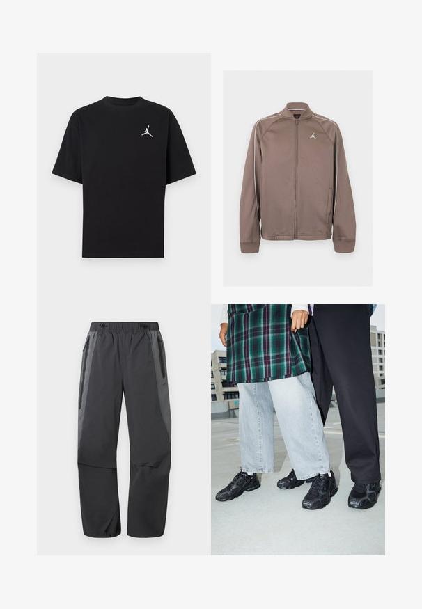 Brun sportsoverdel med lynlås med hvide piping på ærmerne og lille hvid Jumpman-logo på venstre bryst, med ribstrikkede manchetter og krave.; Sort bomuld T-shirt med korte ærmer, med en hvid Jumpman-logo på venstre bryst. Rund halsudskæring, almindelig pasform og glat tekstur.; Mørkegrå og sorte vandrebukser med elastik i taljen og lynlåslommer i siderne, designet til udendørsaktiviteter.; Sorte atletik sko med mesh- og gummidetaljer. Båret med lysegrå vide jeans og en ternet grøn bluse. Flad overflade i baggrunden.