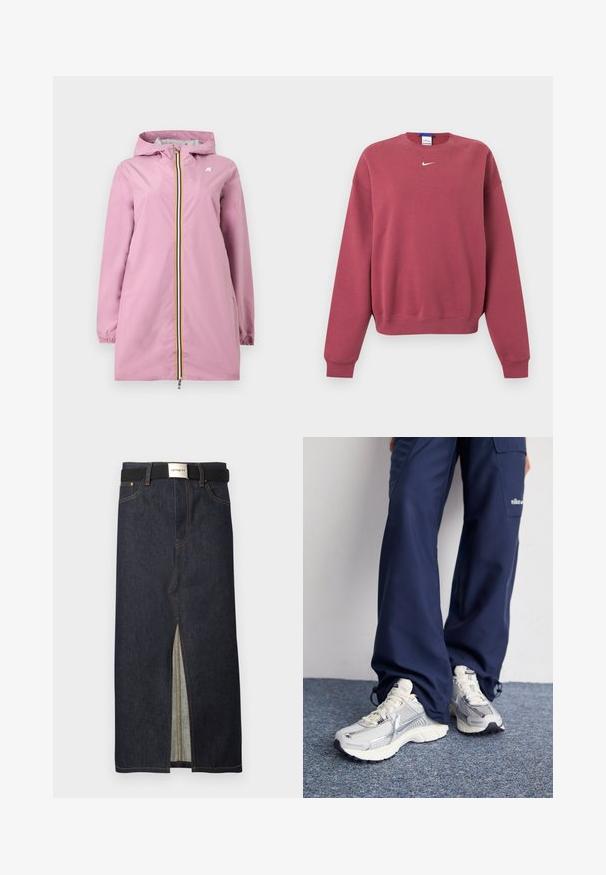 Hellrosa Damen-Regenmantel mit Kapuze, vorne mit Reißverschluss, der gelbe, weiße und marineblaue Streifen aufweist, sowie elastische Bündchen an den langen Ärmeln.; Langärmliges Sweatshirt in staubigem Rosaton mit kleinem weißen Nike Swoosh-Logo, zentriert unter dem Kragen.; Jeans-Midirock in Dunkelblau mit einem vorderen Schlitz. Mit gelben Nähten und einem schwarzen Gürtel mit silberner Schnalle. Schlichtes, gerades Design.; Nike Sportschuhe mit einem silbernen Mesh-Obermaterial, weißen Akzenten und strukturierten Sohlen, kombiniert mit locker sitzenden marineblauen Hosen.