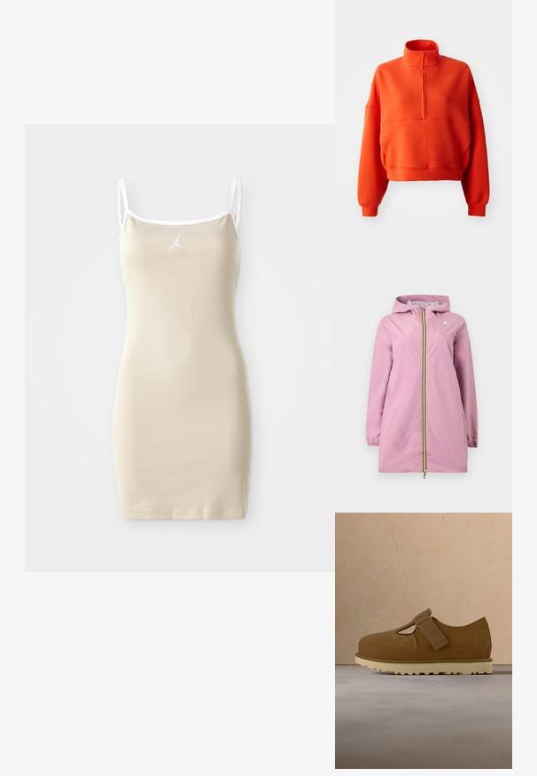Lyserød regnjakke til kvinder med hætte, frontlynlås med gule, hvide og marineblå striber samt elastiske manchetter på lange ærmer.; Lys orange cropped sweatshirt med høj hals og halv lynlås, featuring brede ærmer og et struktureret stof for komfort.; Beige ærmeløs kjole med tynde stropper, ribbet tekstur og hvid kant. Har et lille logo i midten lige over brystet.; Brune ruskindsko med rund tå, forreste udskæring og velcrorem. Sålen er lys gul og tekstureret for greb.